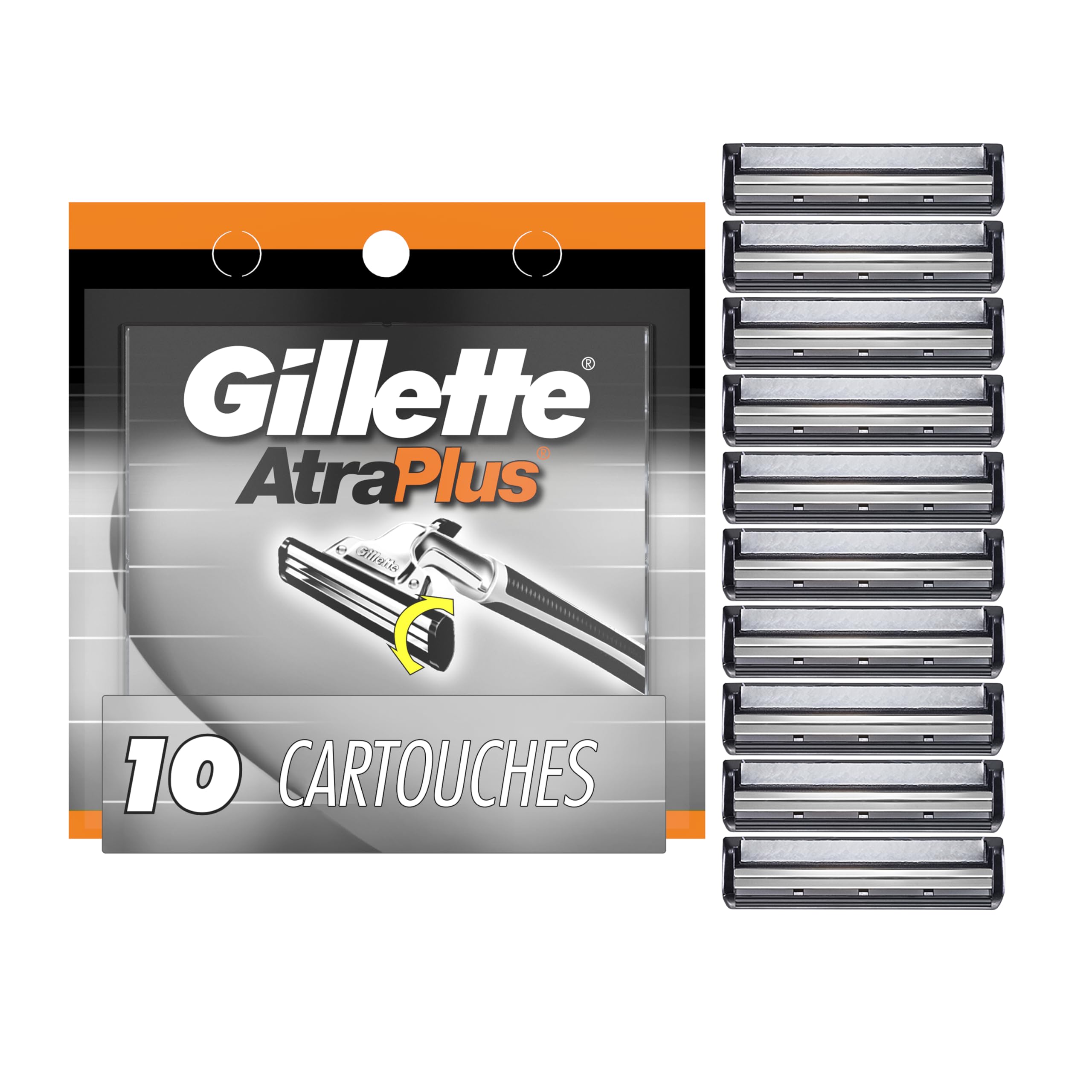 Gillette AltraPlus pivoting twin-blades refill for contour-following closeness.