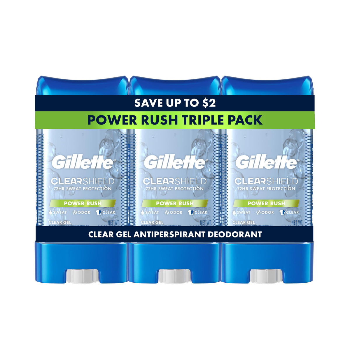 Gillette antitranspirante gel transparente Power Rush, botella visible con protección duradera.