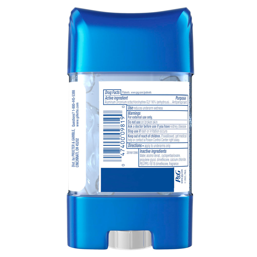 Gillette Clear Gel packaging and texture shown as smooth, quick-dry formula.