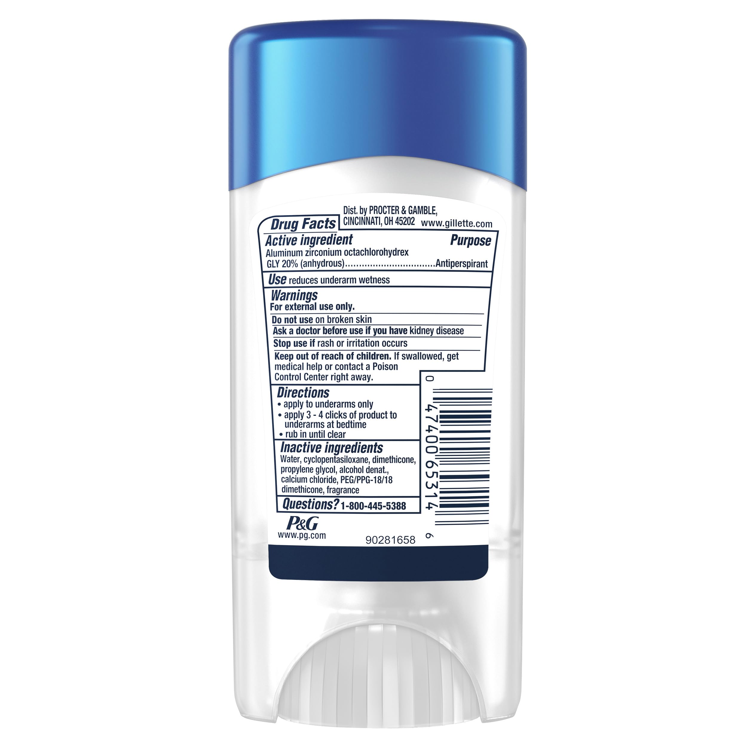 Gillette Clinical Clear Gel 3 pack with size information visible.