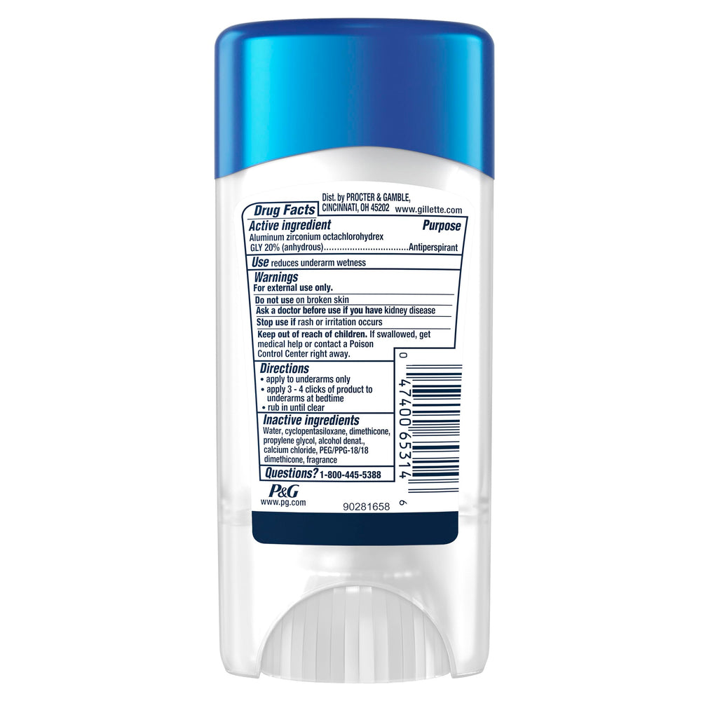 Gillette Clinical Clear Gel 3 pack with size information visible.