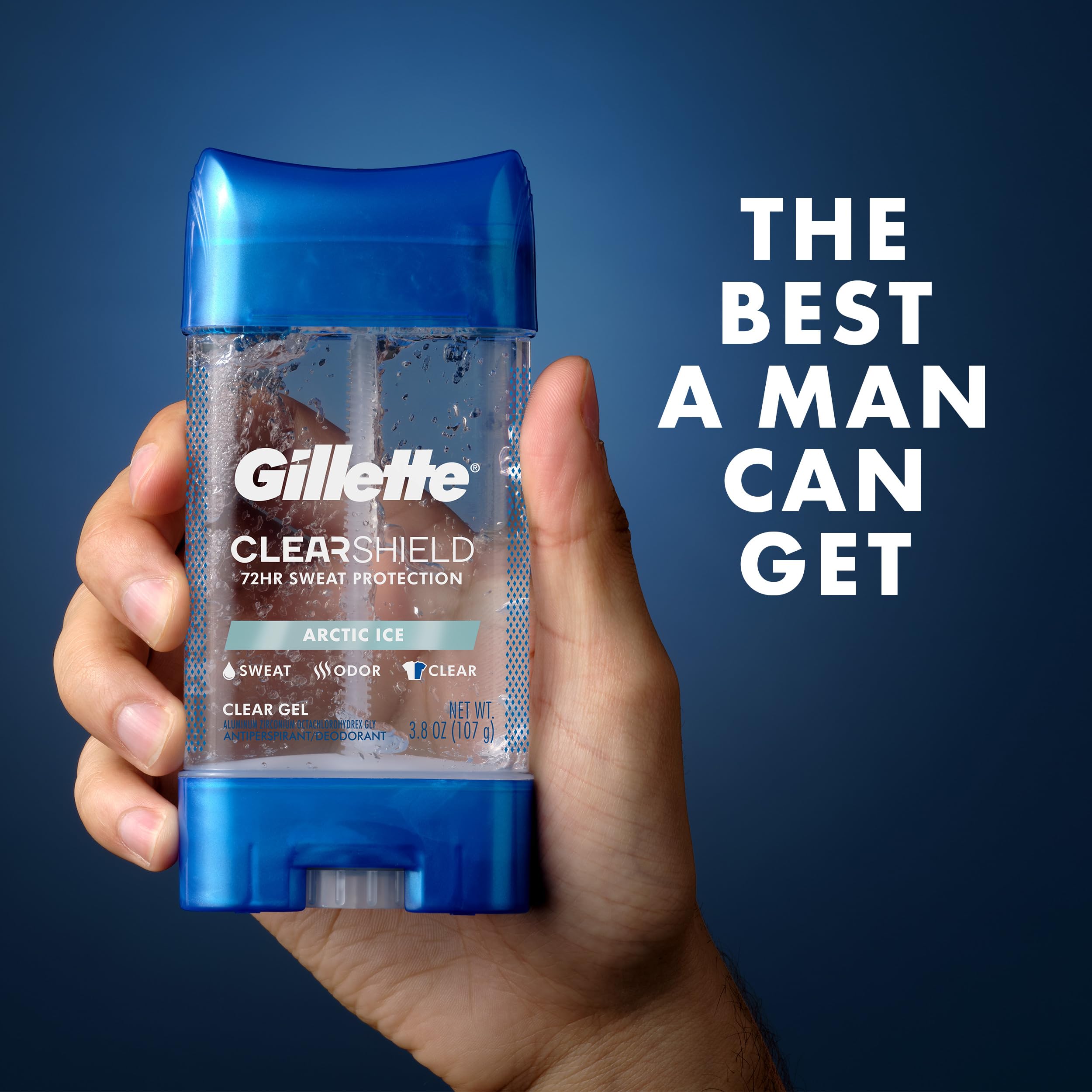 Gillette desodorante gel transparente, textura clara y rápida absorción.