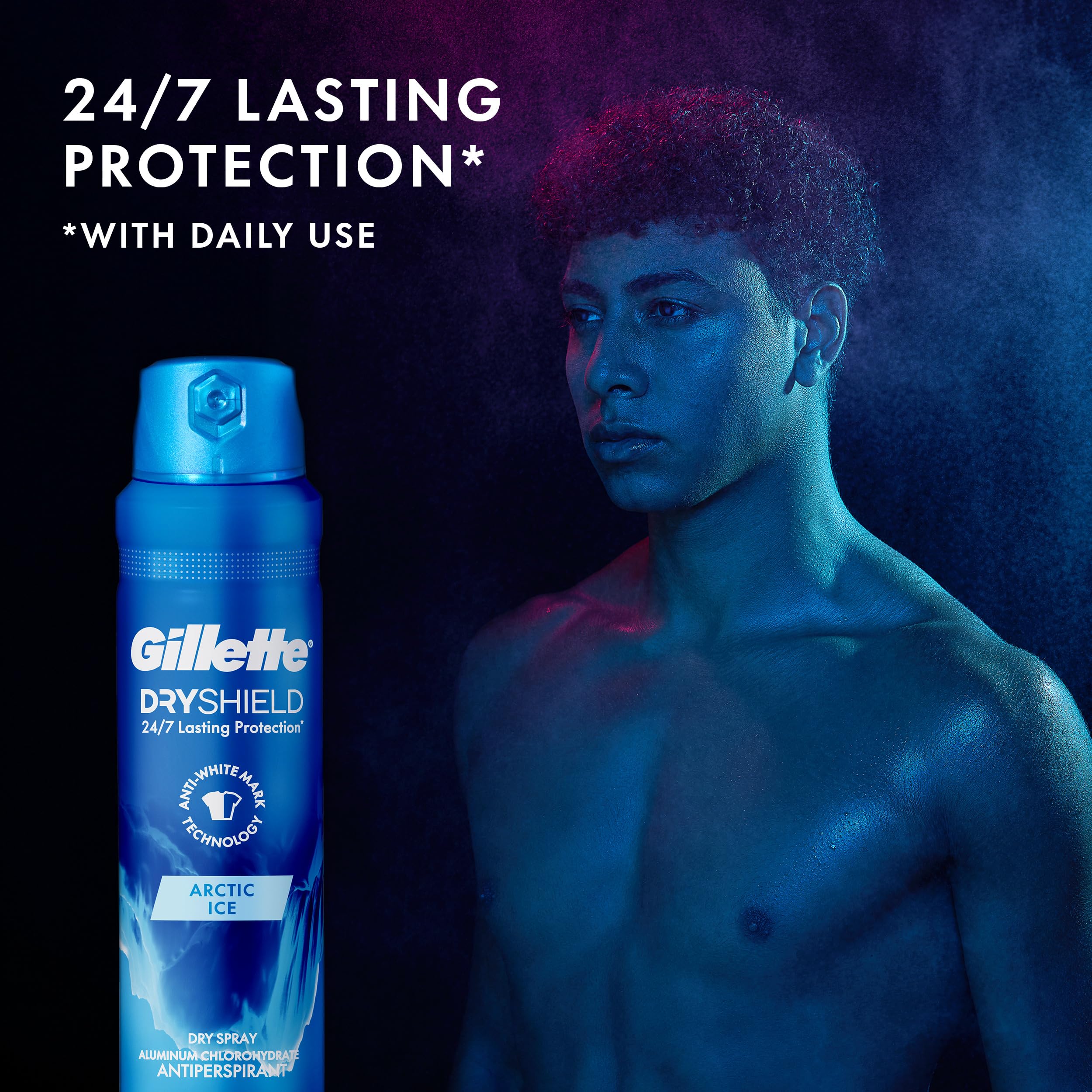 Gillette Arctic Ice application shows quick-dry spray for confident daily use.