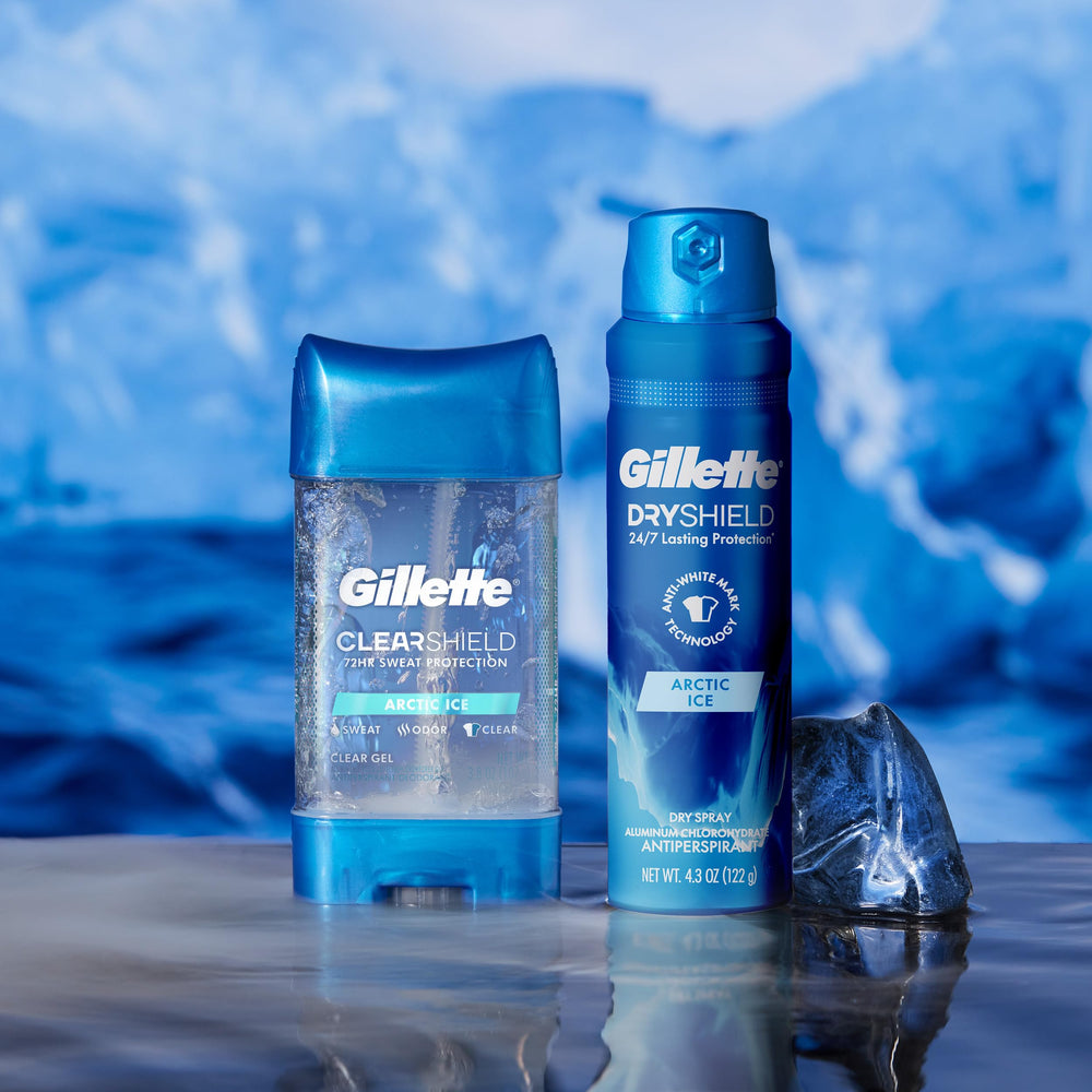 Gillette Arctic Ice spray mist disperses evenly for quick drying.