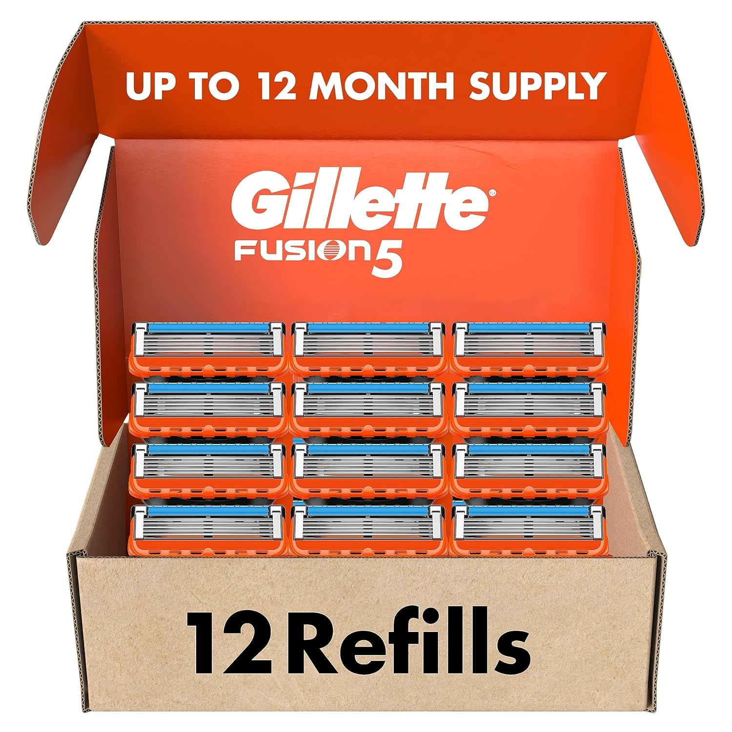 Gillette Fusion5 refills front view show 12-count package for a smooth shave.