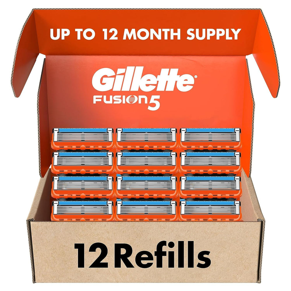 Gillette Fusion5 refills front view show 12-count package for a smooth shave.