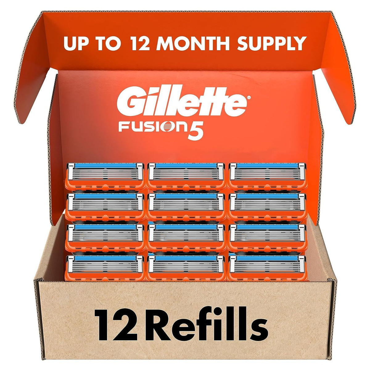 Gillette Fusion5 refills front view show 12-count package for a smooth shave.