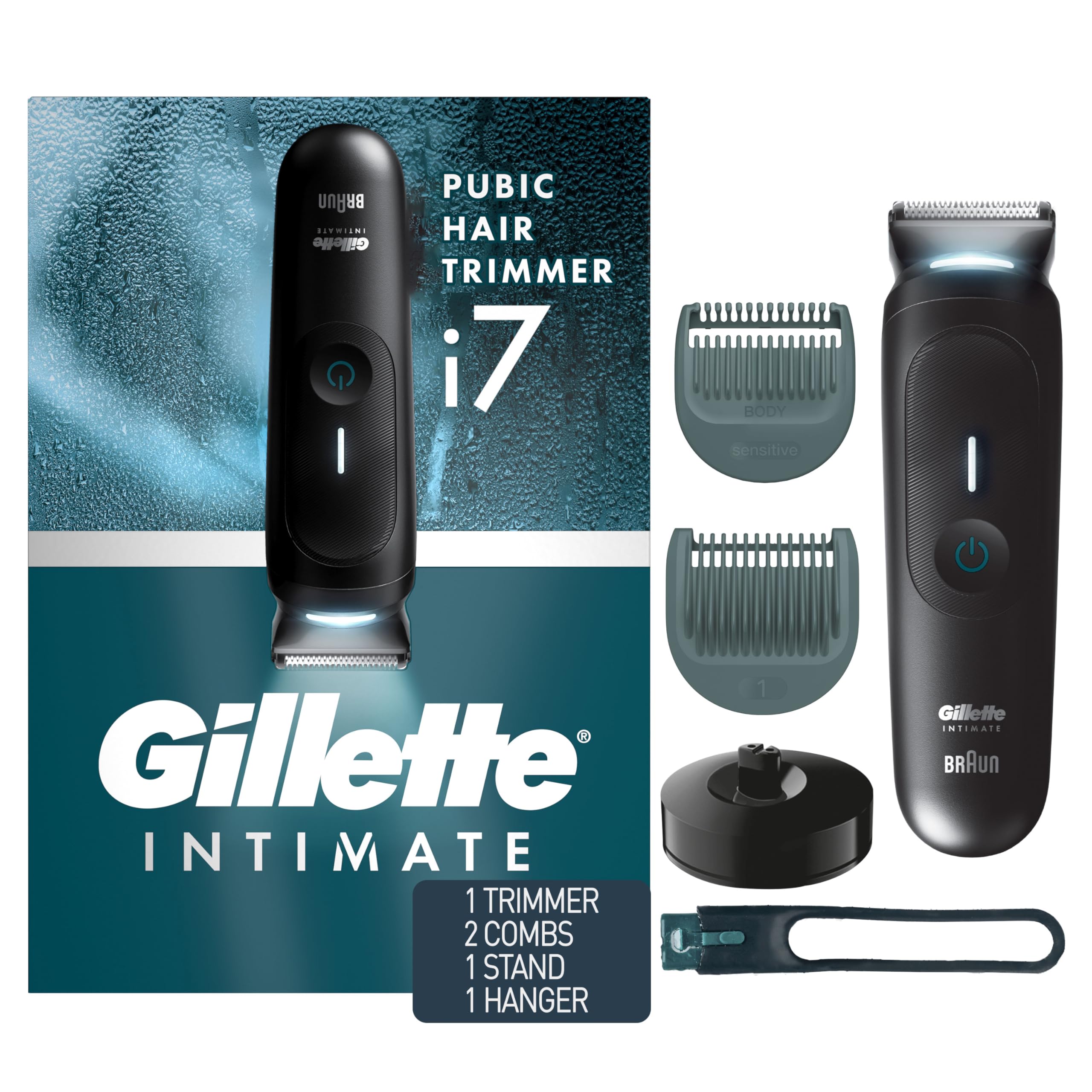 Gillette i7 Intimate trimmer with two combs for safer, even trims.