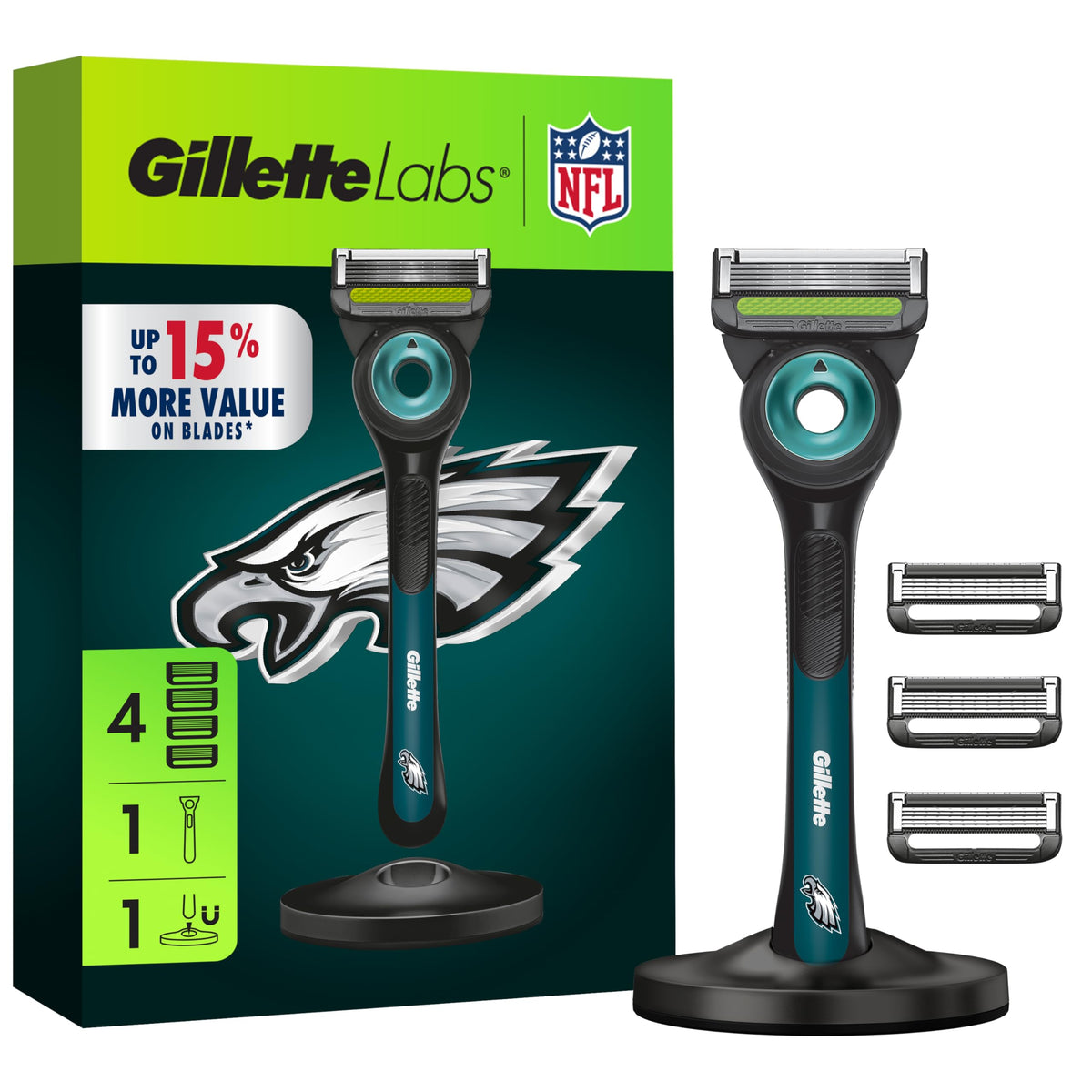 Gillette Labs Eagles Edition razor handle for ergonomic control during quick shaves.