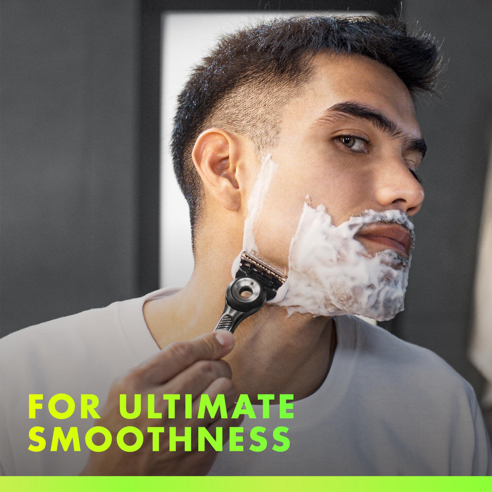 Heated razor concept image beside Gillette Labs rapid foaming gel