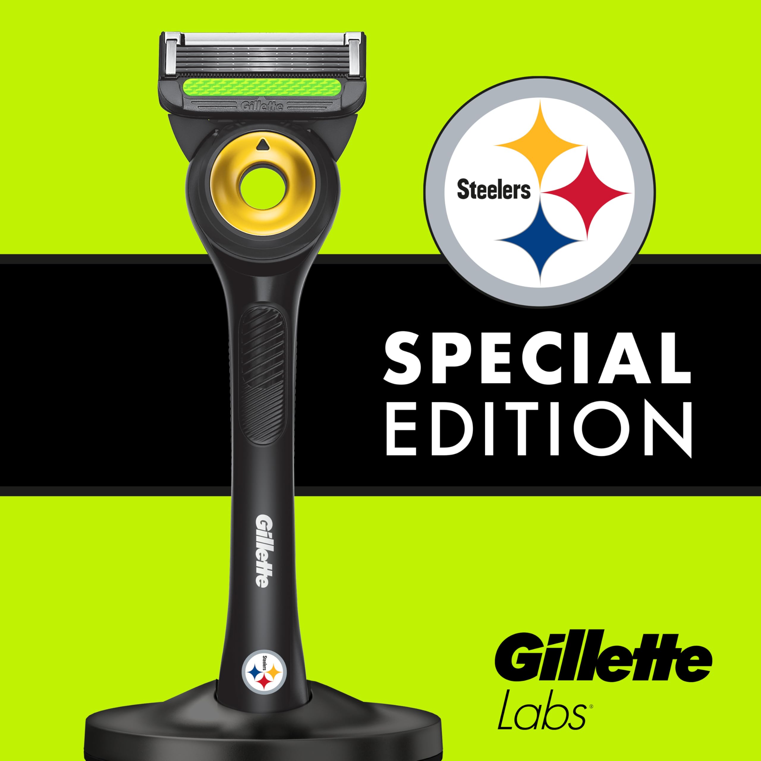 Gillette Labs Steelers Edition magnetic stand keeps razor organized on counter.