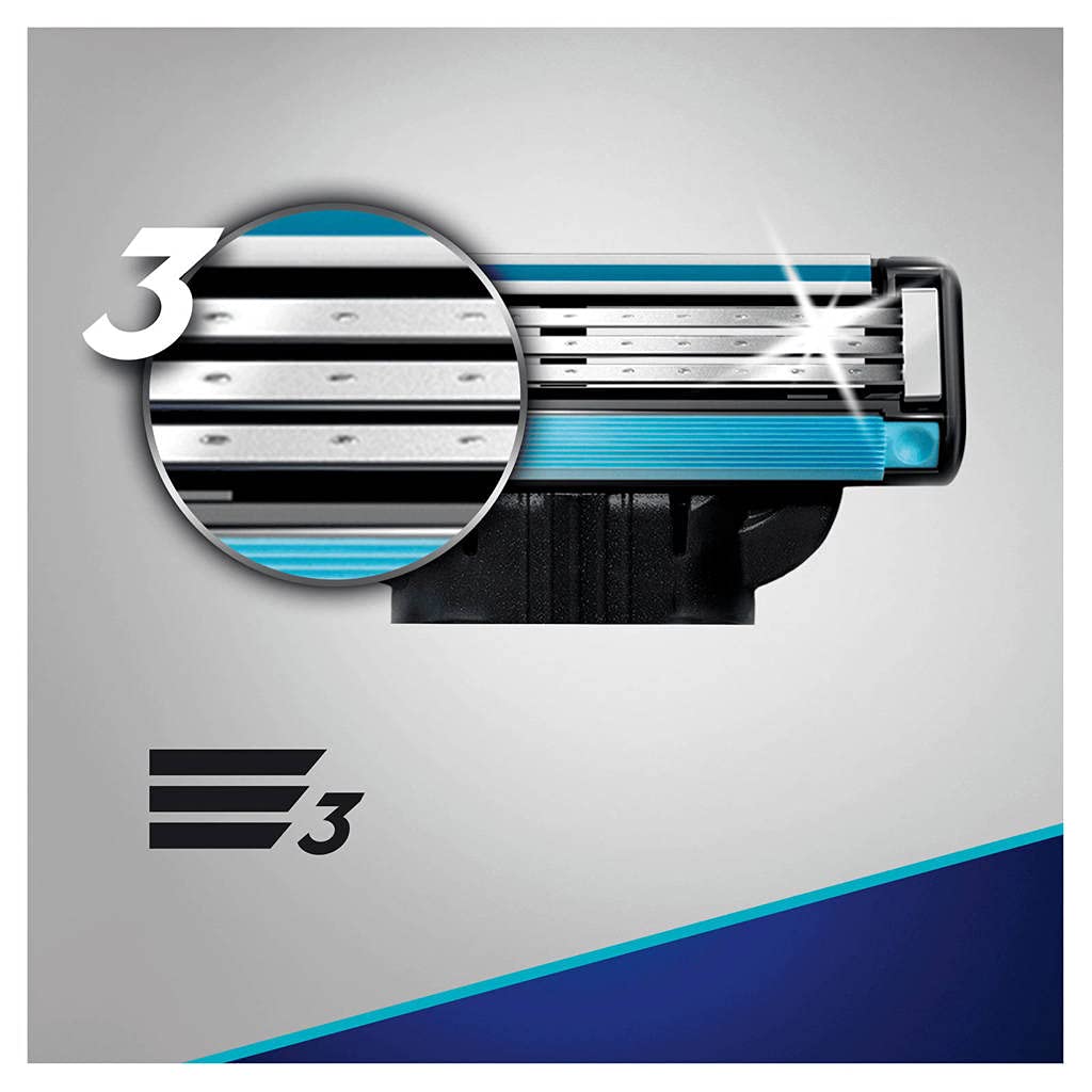 Gillette Mach3 blades 4-pack side view provides sharp blades for smooth shaves.