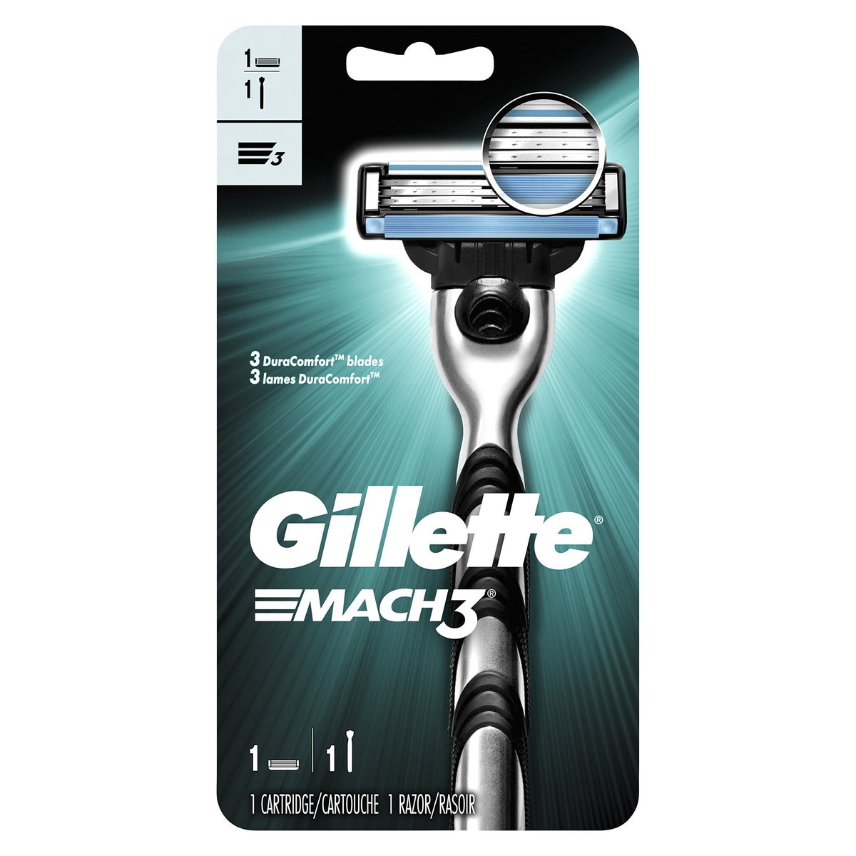 Gillette Mach3 handle closeup with balanced grip for a comfortable shave.