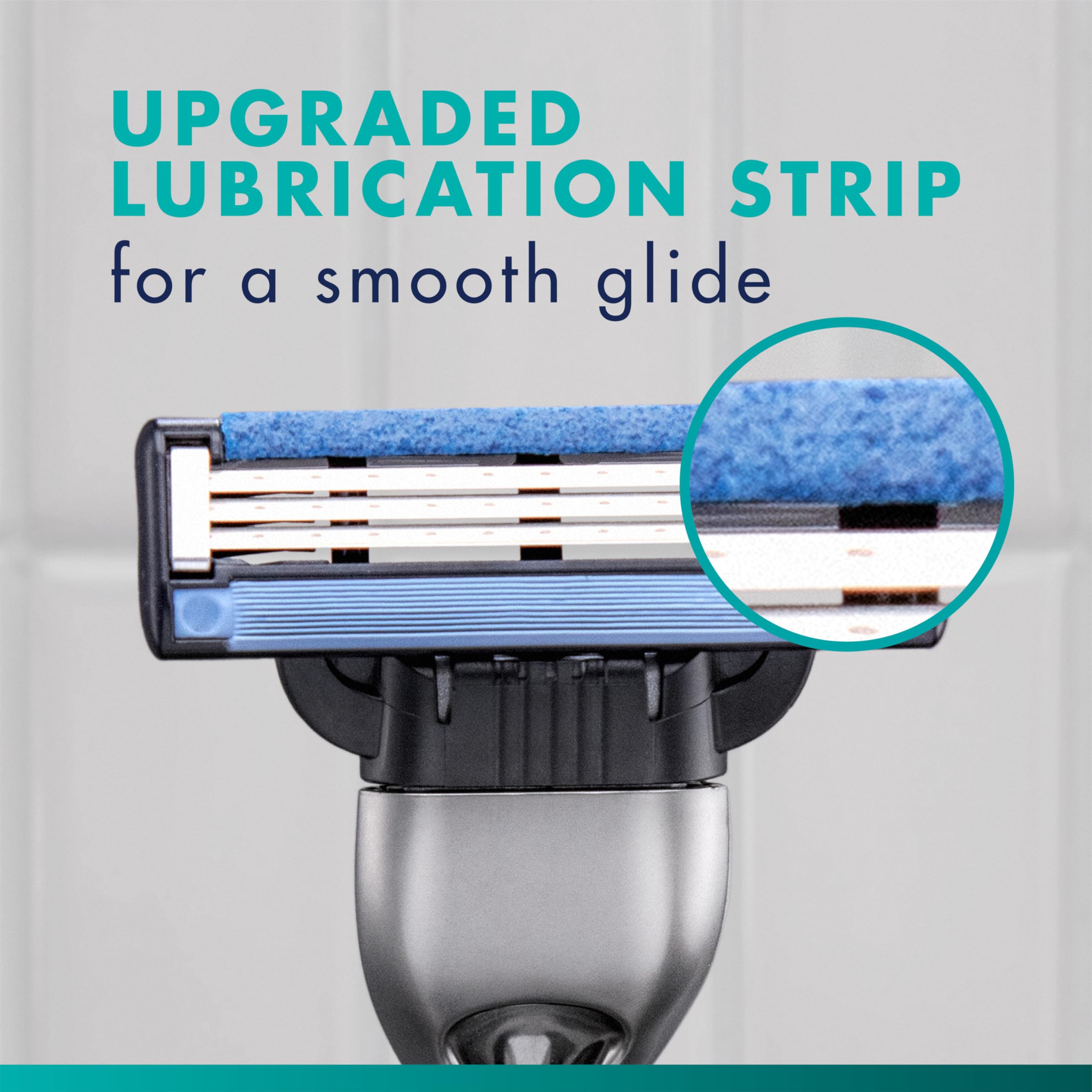 Close-up of Mach3 lubrication strip delivering a smooth glide