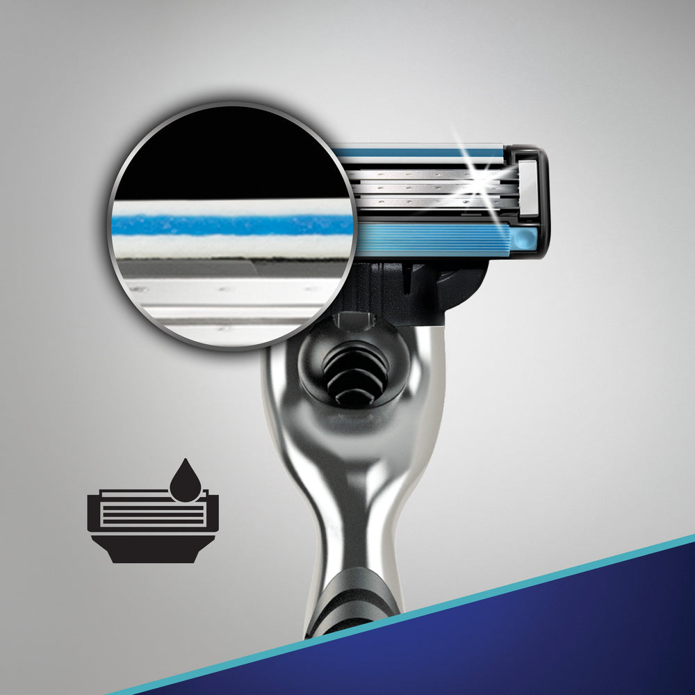 Gillette Mach3 packaging image, highlights blade compatibility with refills.