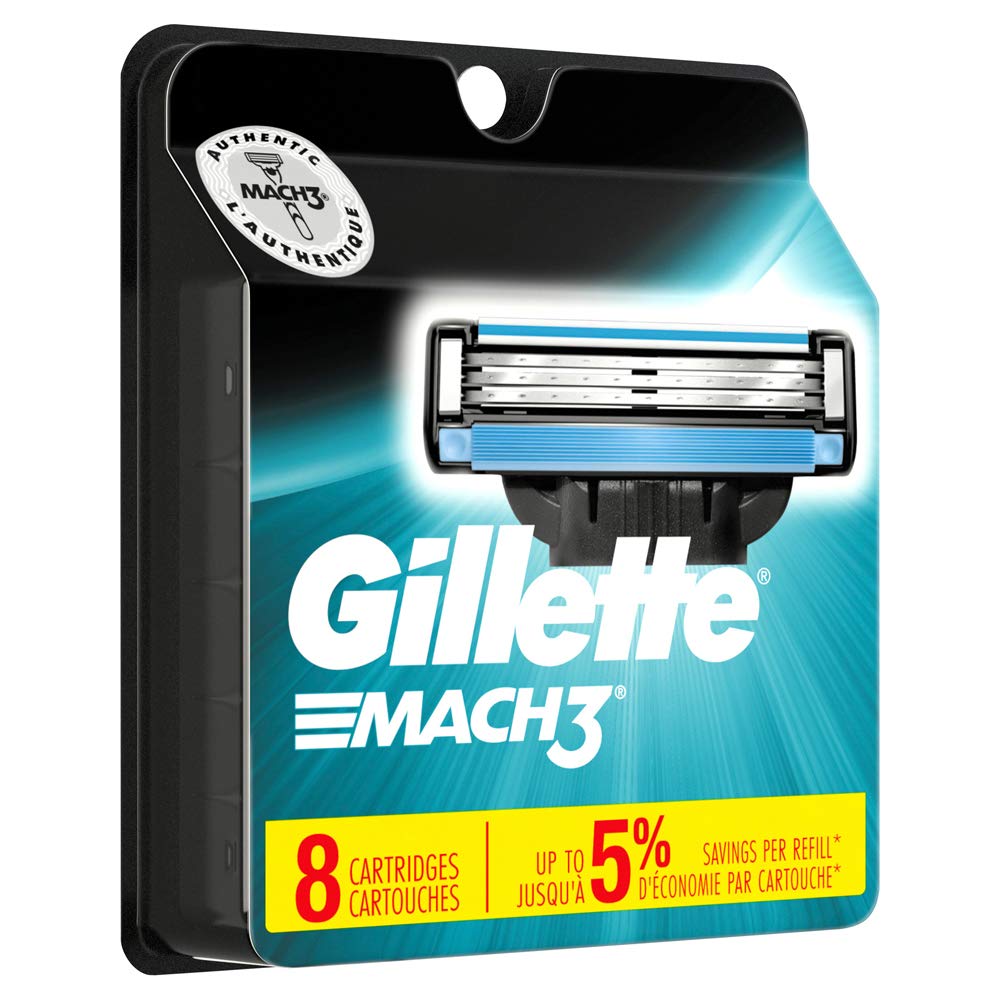 Gillette Mach3 replacement eight-cartridge pack shows the triple-blade system for a close, smooth shave.