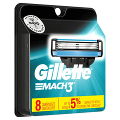 Gillette Mach3 replacement eight-cartridge pack shows the triple-blade system for a close, smooth shave.