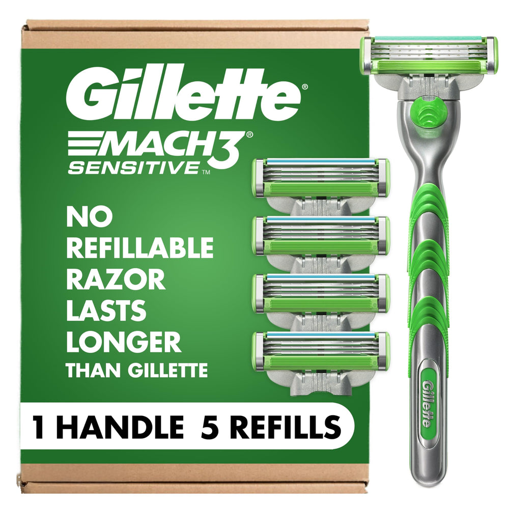 Gillette Mach3 Sensitive razor handle shown for balanced control during shaving.