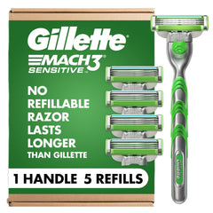 Gillette Mach3 Sensitive razor handle shown for balanced control during shaving.