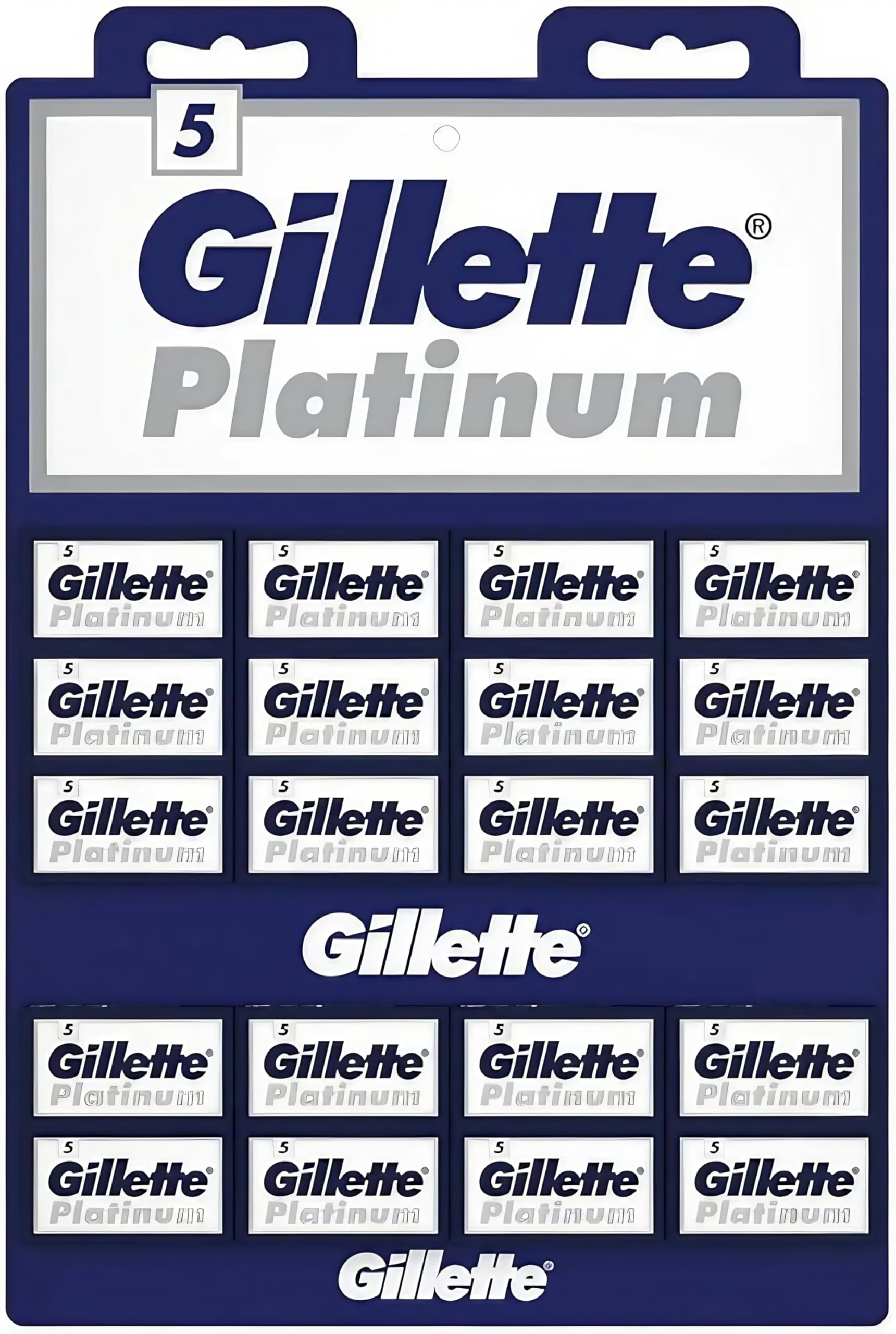 Gillette Platinum double-edge blades on display card for easy restocking and classic wet shaves.