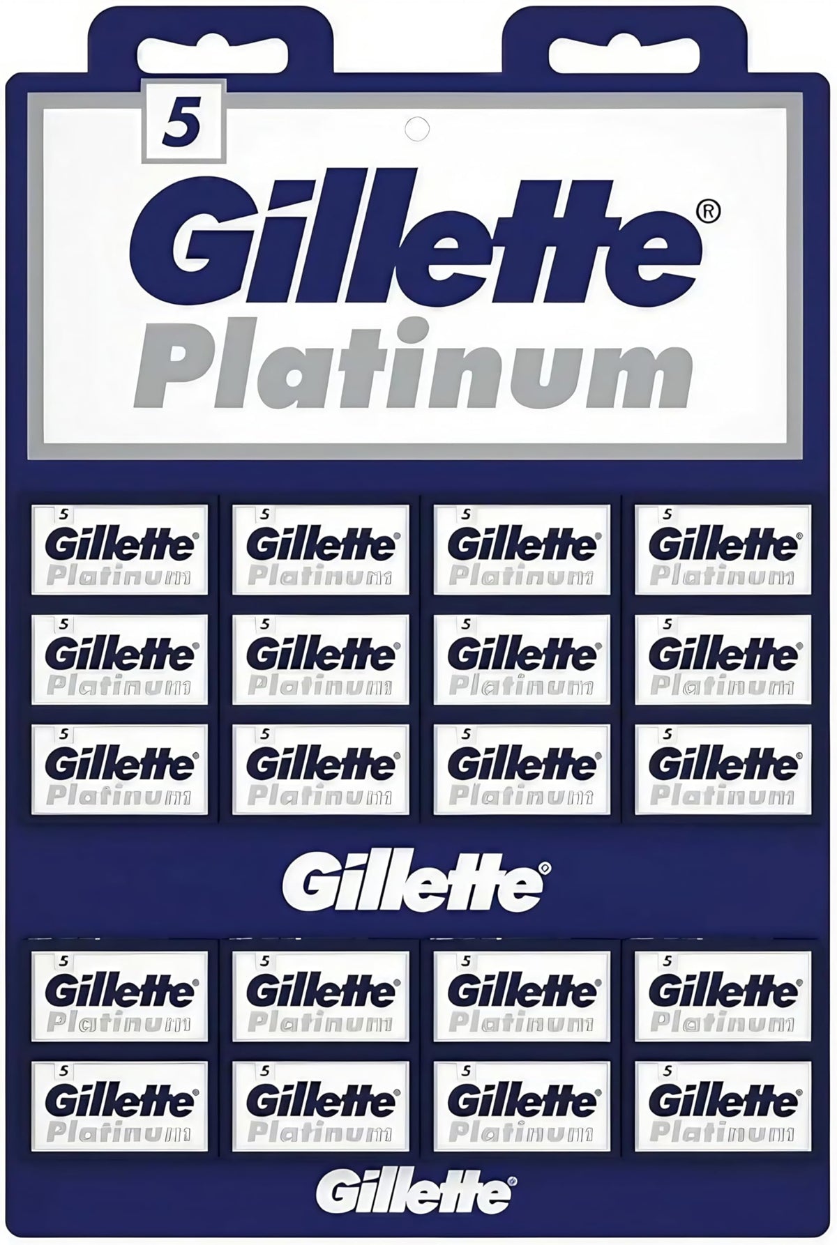 Gillette Platinum double-edge blades on display card for easy restocking and classic wet shaves.