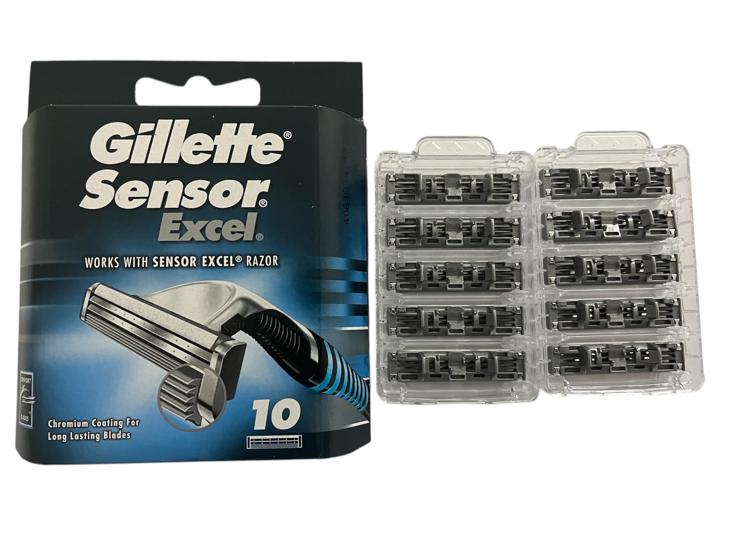 Gillette Sensor Excel cartridge close-up showing blade edge and lubrication.