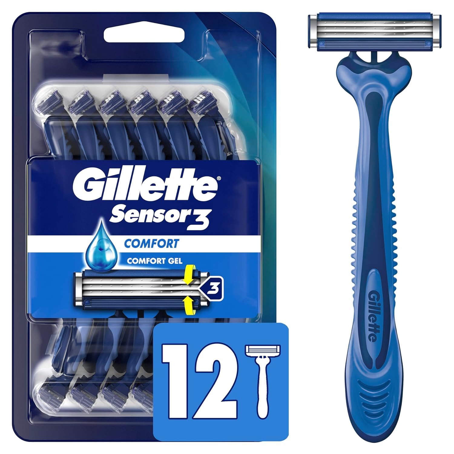 Gillette Sensor3 Comfort pack shows 12 razors for daily grooming