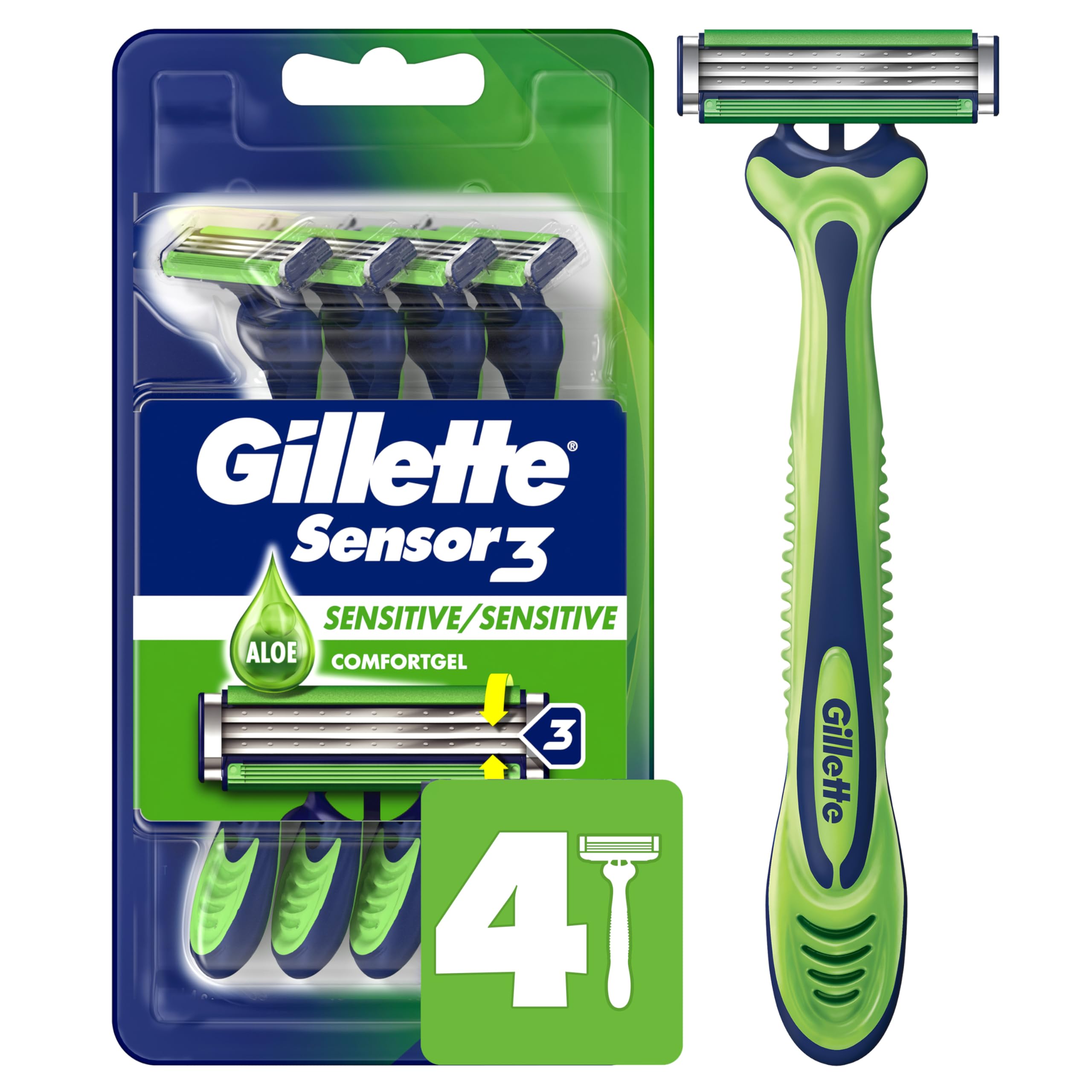 Gillette Sensor3 Sensitive razor pack front with four razors for easy replacement