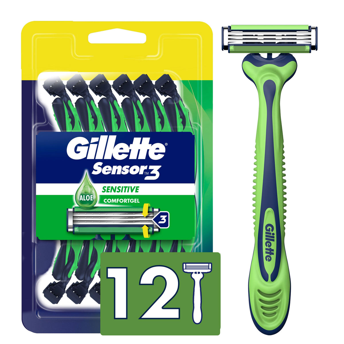 Gillette Sensor3 Sensitive razor pack with 12 disposables for easy grooming
