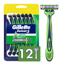 Gillette Sensor3 Sensitive razor pack with 12 disposables for easy grooming