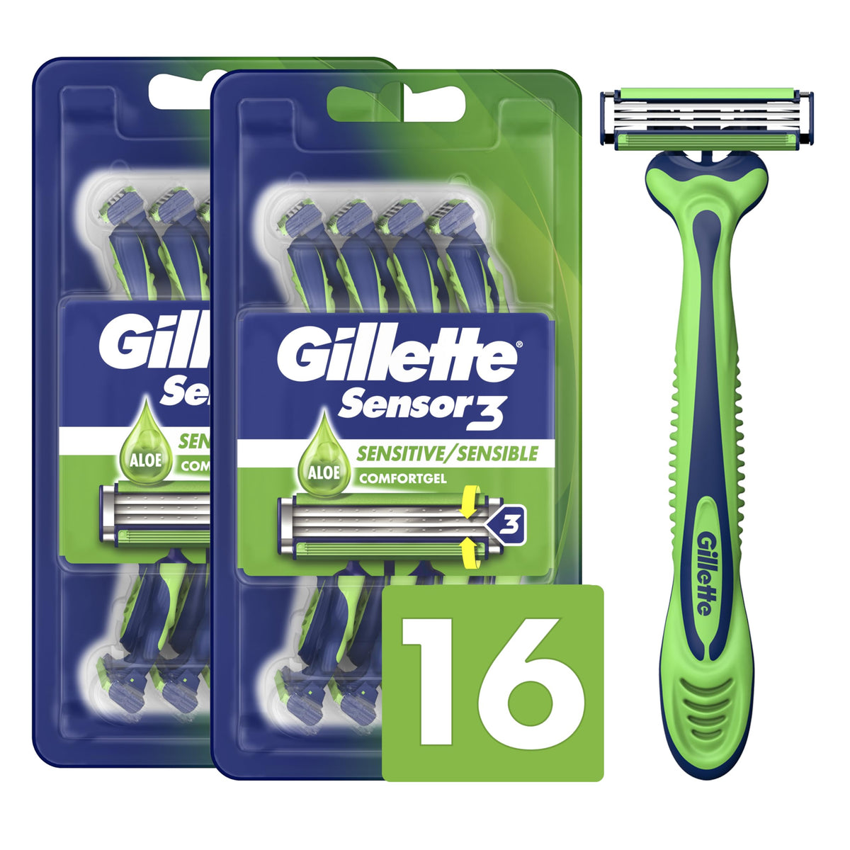 Gillette Sensor3 Sensitive Razor two-pack for smooth, long-lasting shaves.
