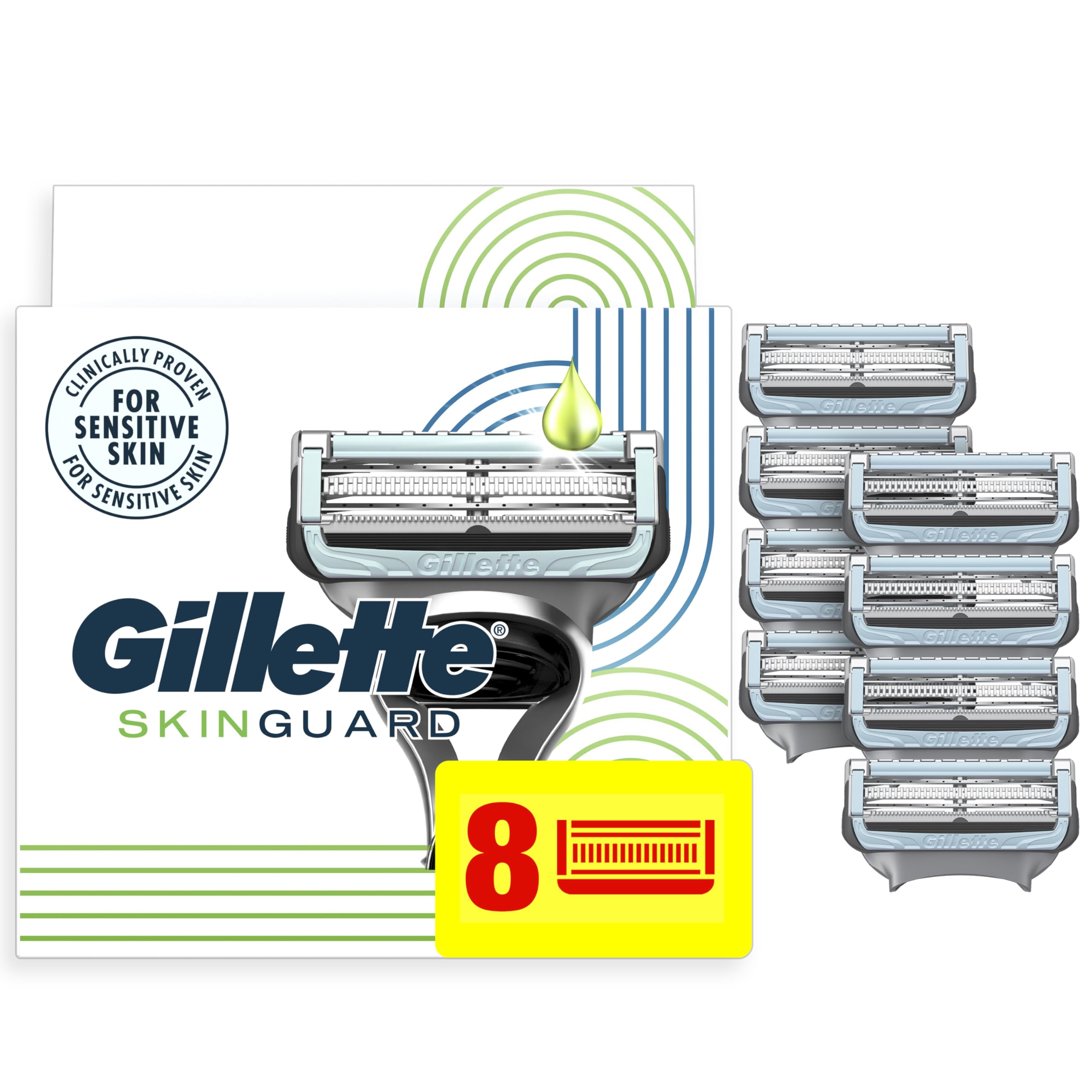 Gillette SkinGuard blade refill packaging highlighting value and convenience for everyday shaves.