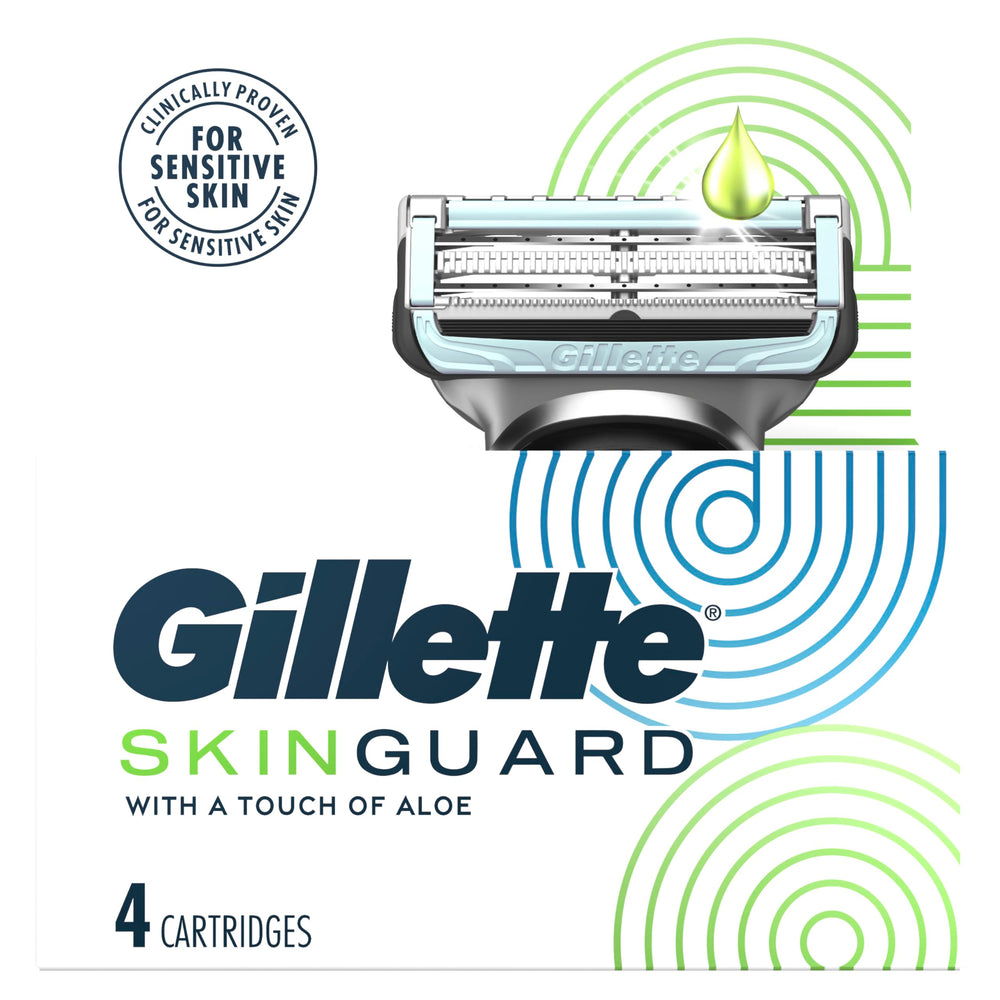 Gillette SkinGuard closeup blade edge emphasizing robust, irritation-reducing performance.