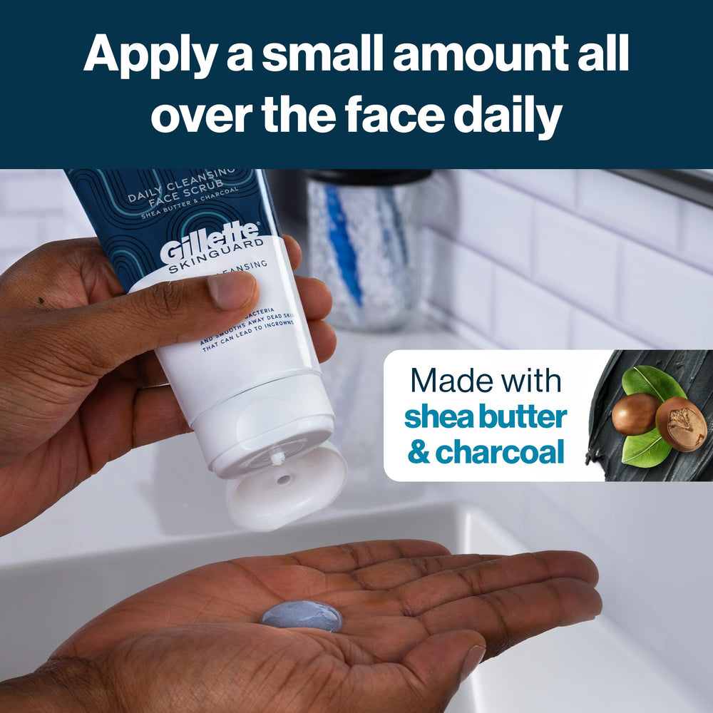 Gillette SkinGuard Face Scrub applying scrub on wet skin