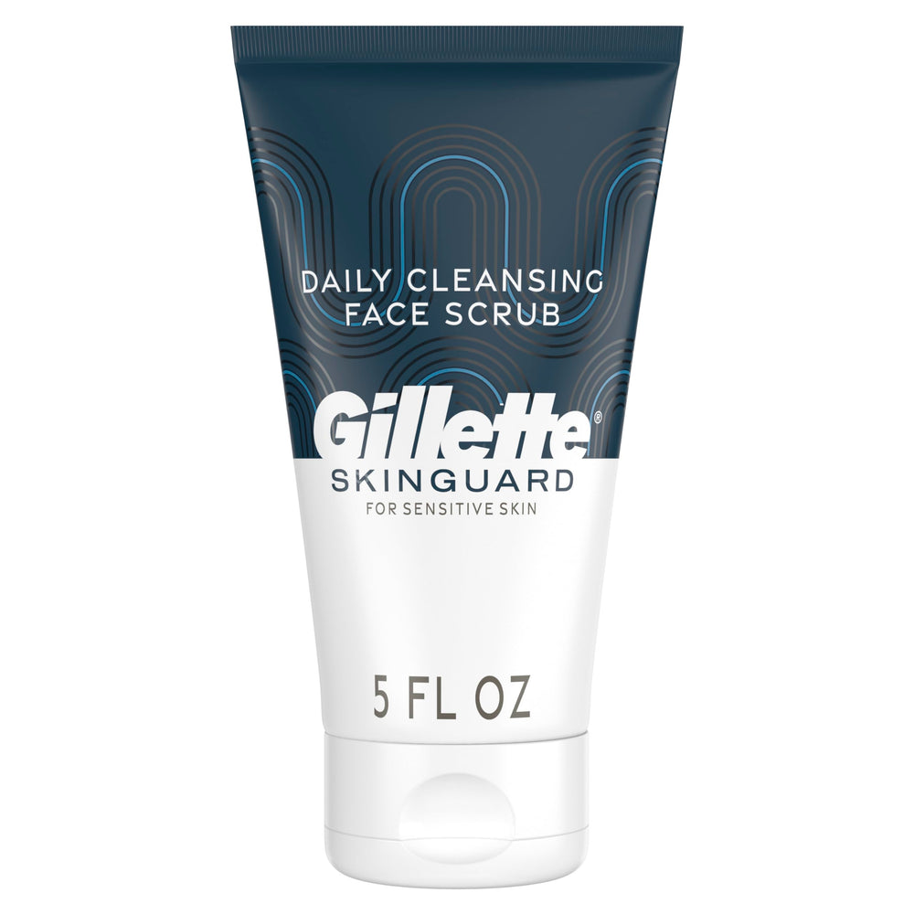 Gillette SkinGuard Face Scrub bottle front for gentle exfoliation on sensitive skin