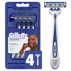 Gillette SkinGuard razor pack shot highlighting the four-pack for sensitive skin.