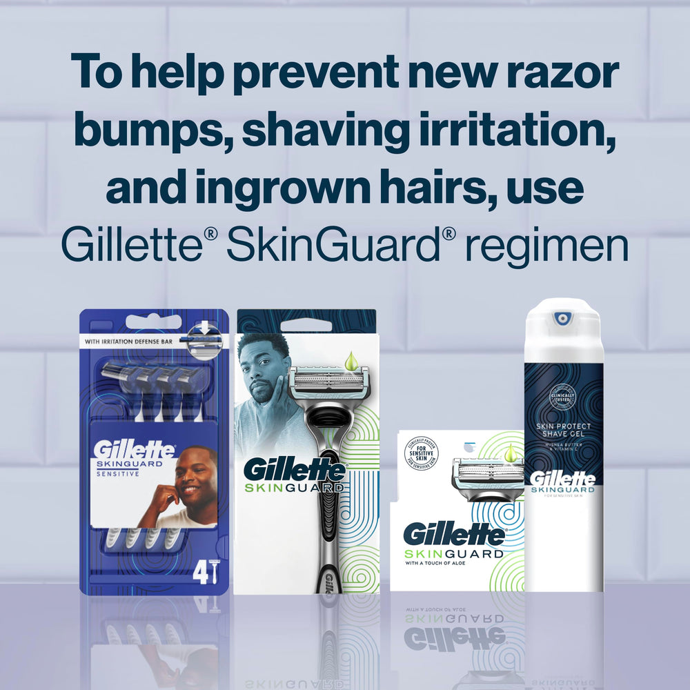 Gillette SkinGuard two-blades arrangement aims to minimize pull for smoother shaves.