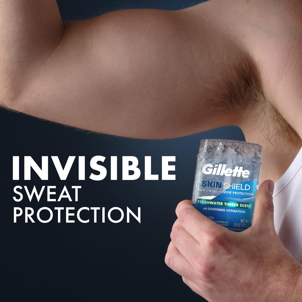 Gillette SkinShield gel desodorante, protección 72 horas contra sudor y olor.