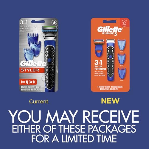 Gillette Styler with three comb attachments for customizable length.
