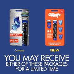Gillette Styler with three comb attachments for customizable length.