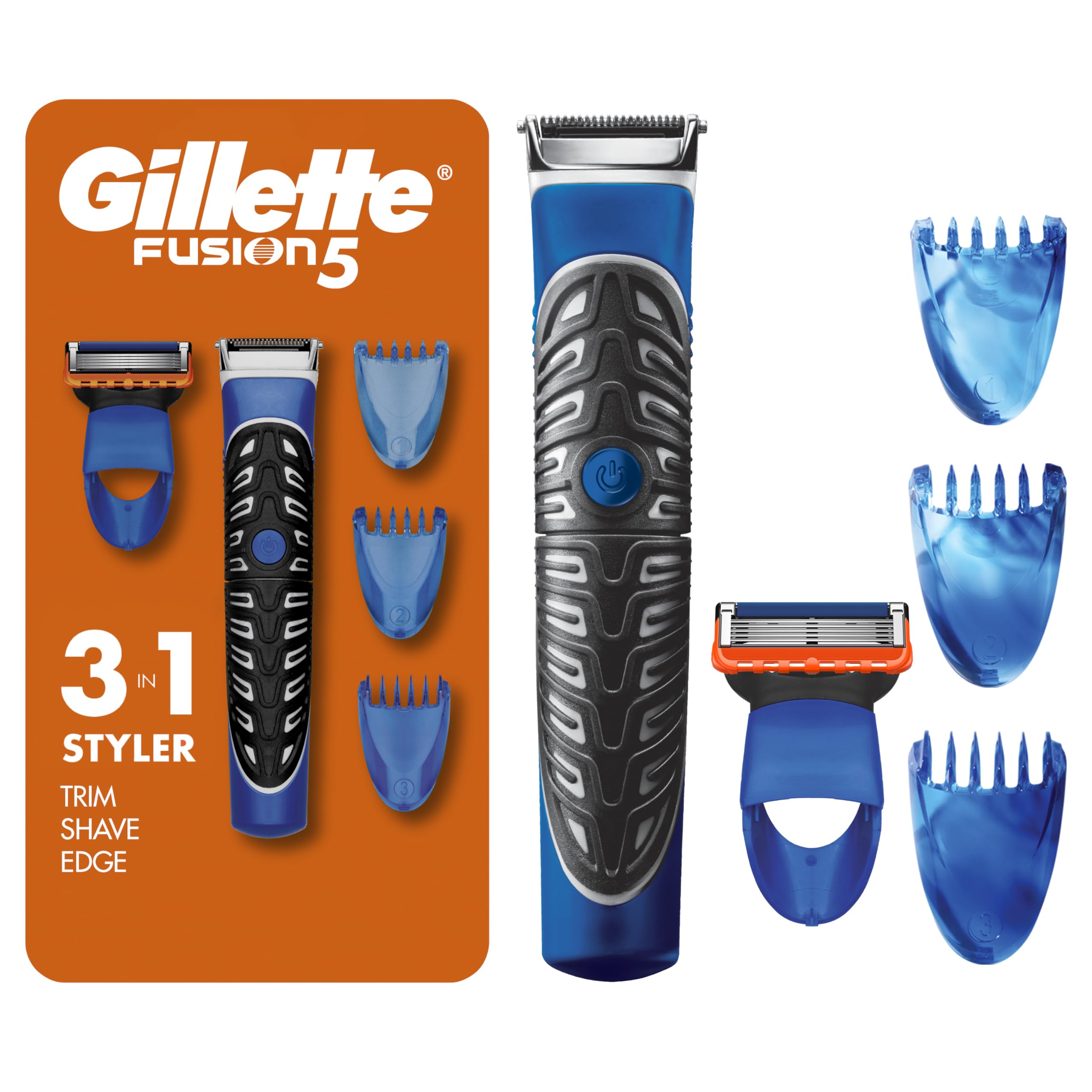 Gillette Styler trimmer in hand for precise beard shaping.