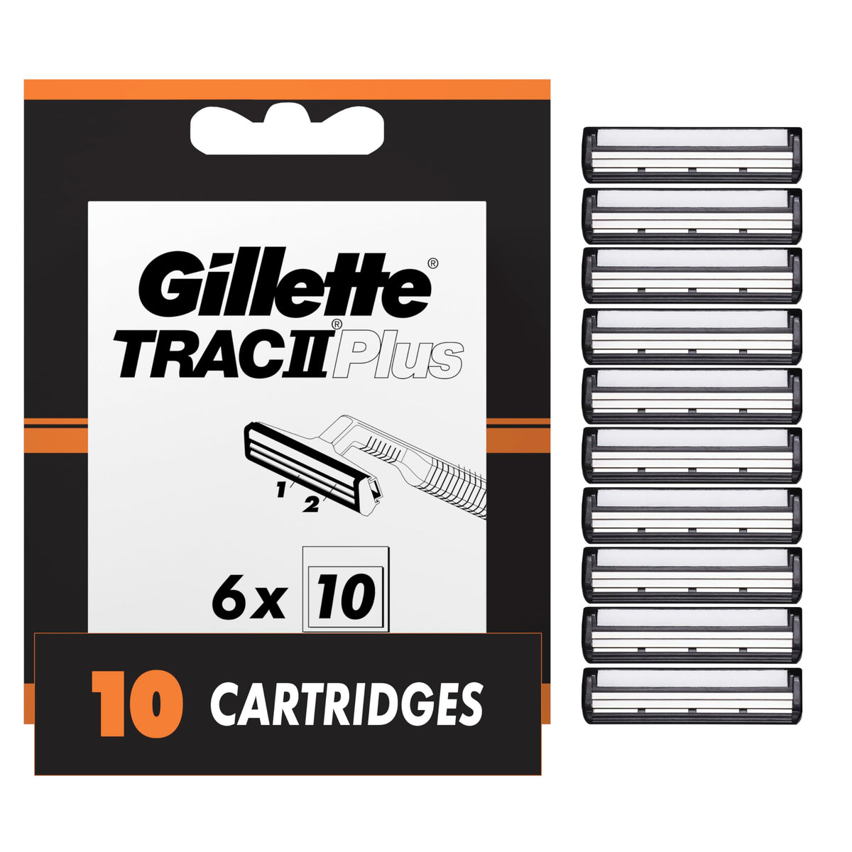 Gillette TRAC II Plus refill 10-pack shown for easy blade replacement.
