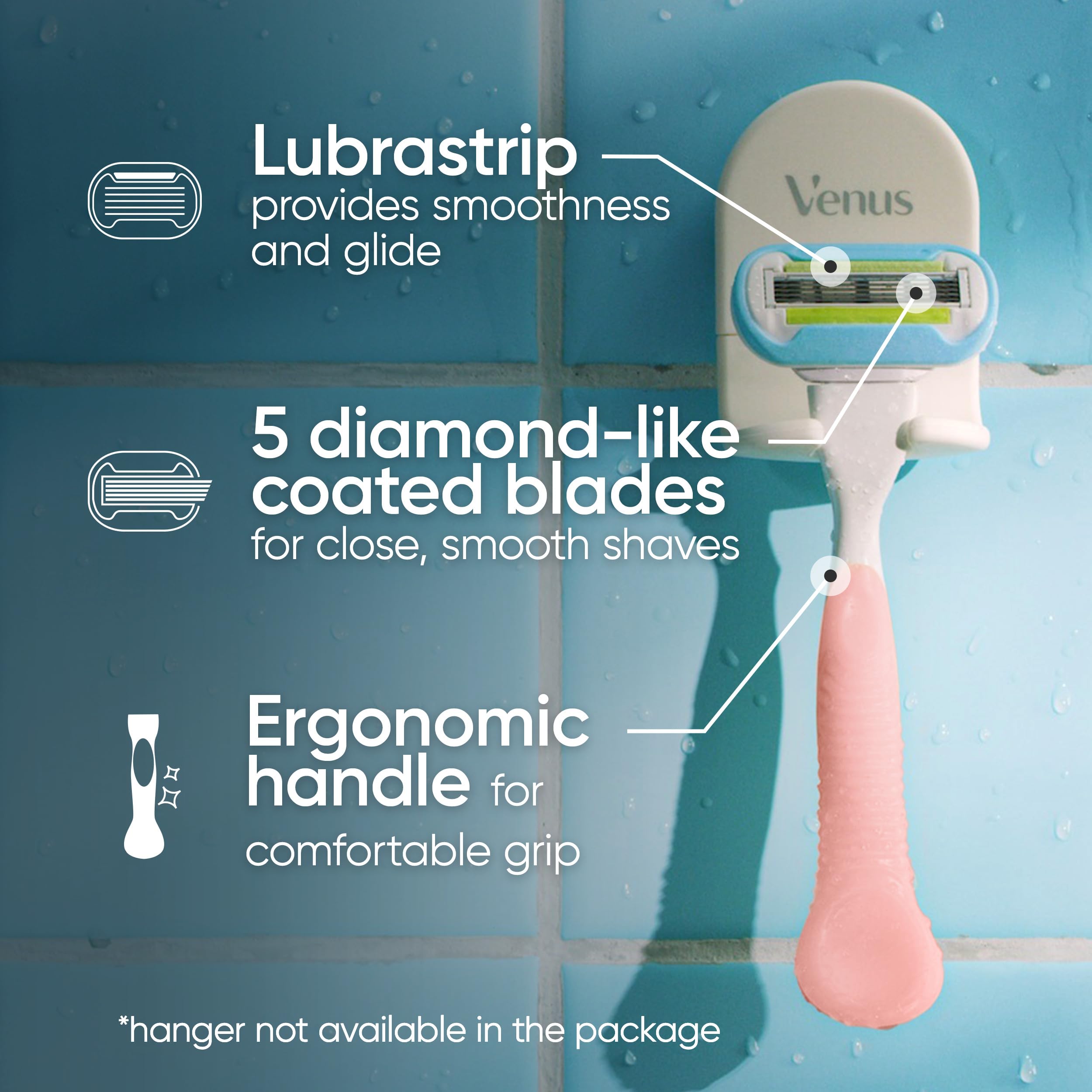 Gillette Venus 5-blades diamond-coated blades deliver a lasting smooth shave.