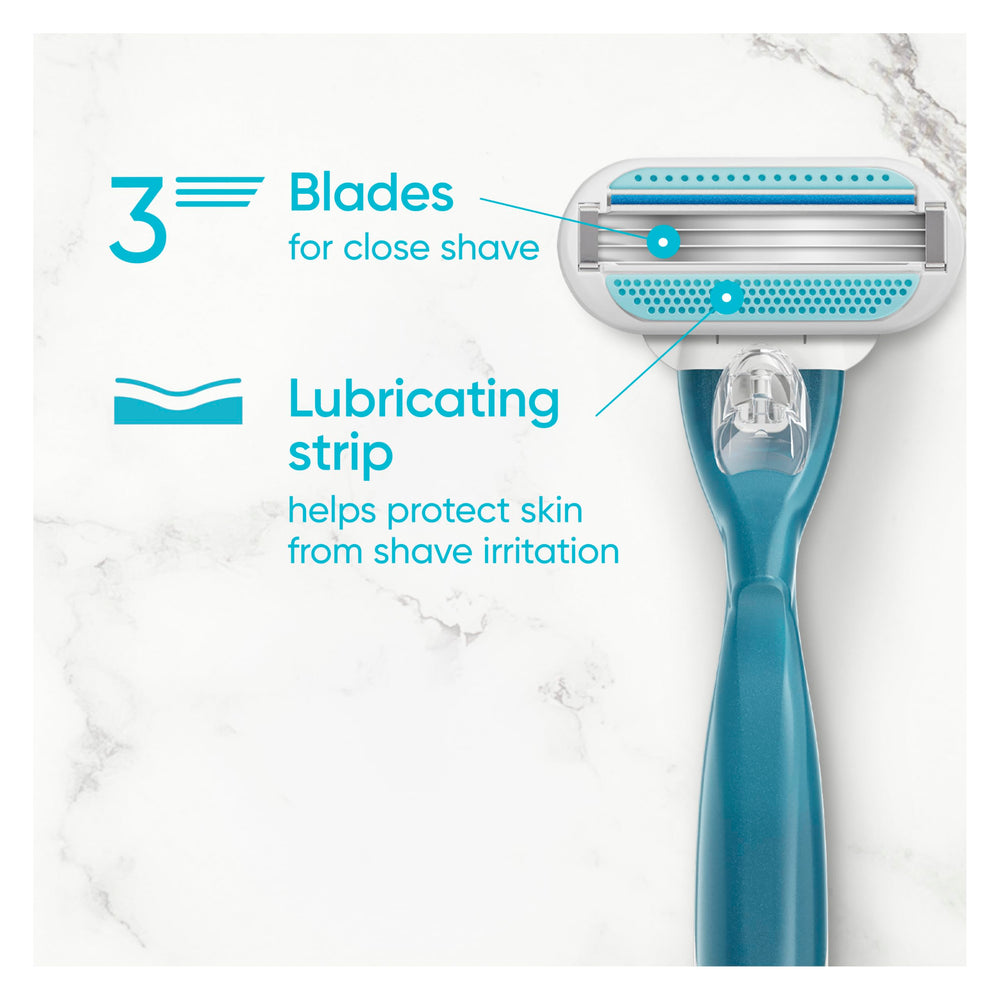 Gillette Venus blue indicator strip fades to signal optimal shave.