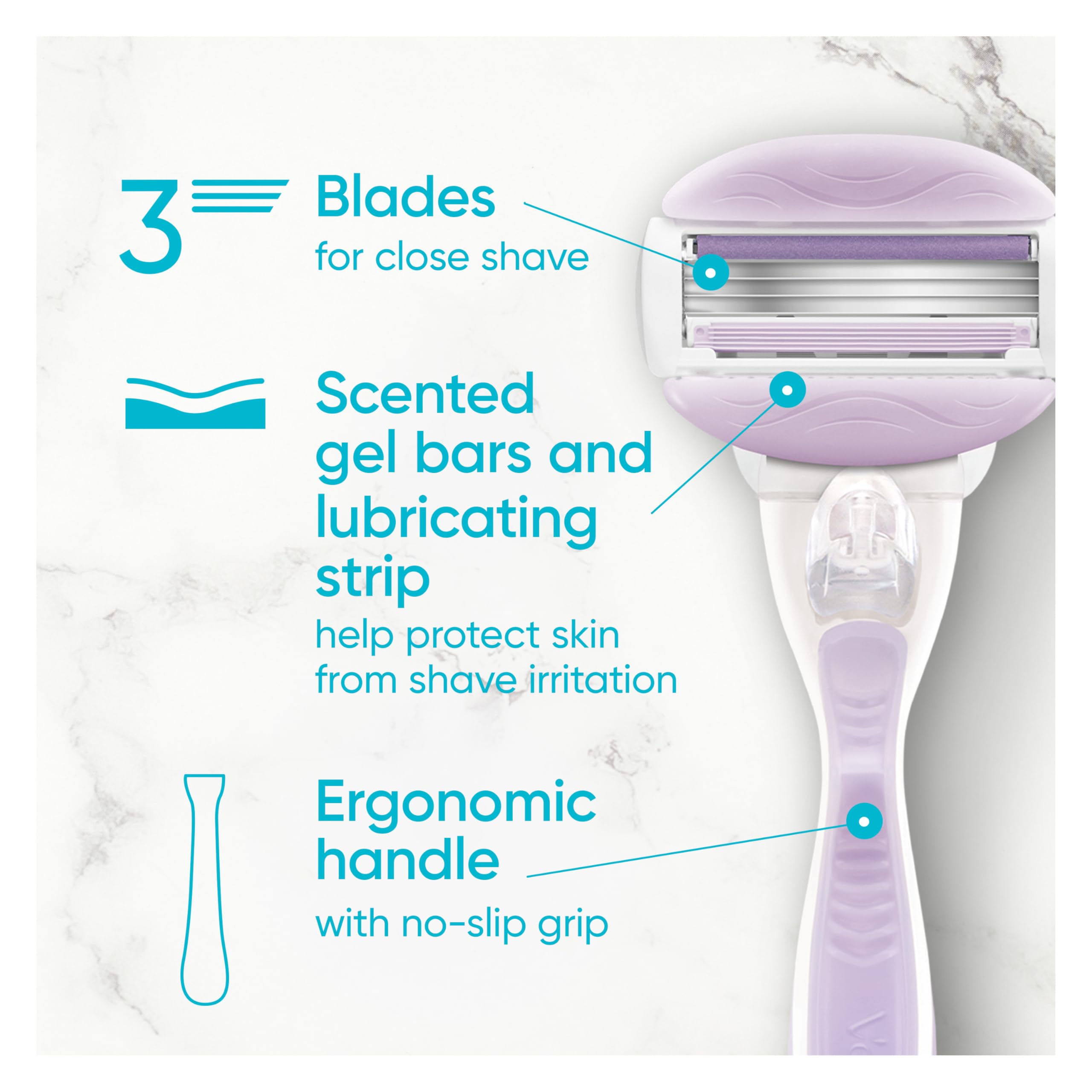 Gillette Venus ComfortGlide Freesia 3 blades for a close, smooth shave.