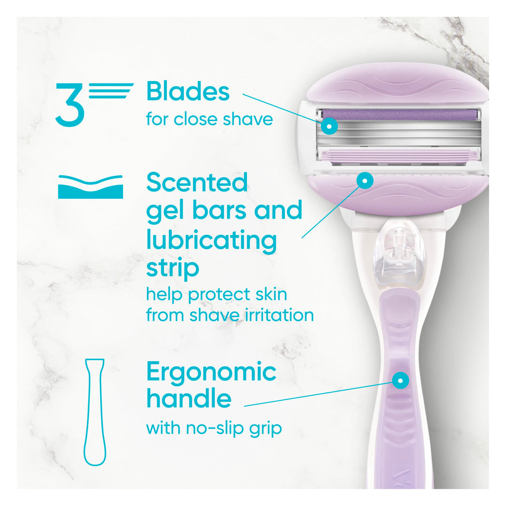 Gillette Venus ComfortGlide Freesia 3 blades for a close, smooth shave.