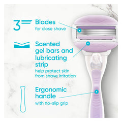 Gillette Venus ComfortGlide Freesia 3 blades for a close, smooth shave.