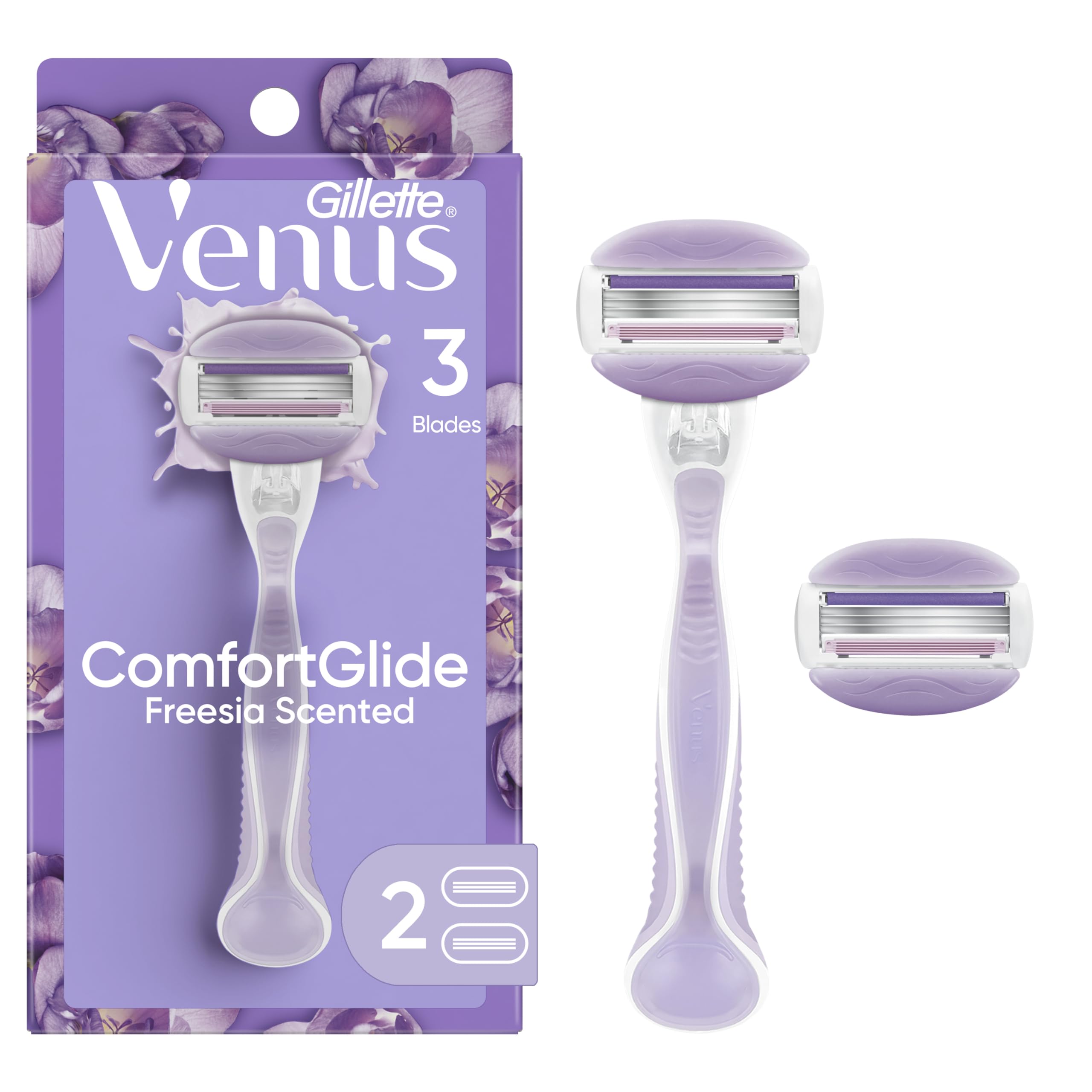 Gillette Venus ComfortGlide Freesia handle with non-slip grip for precise shaving.