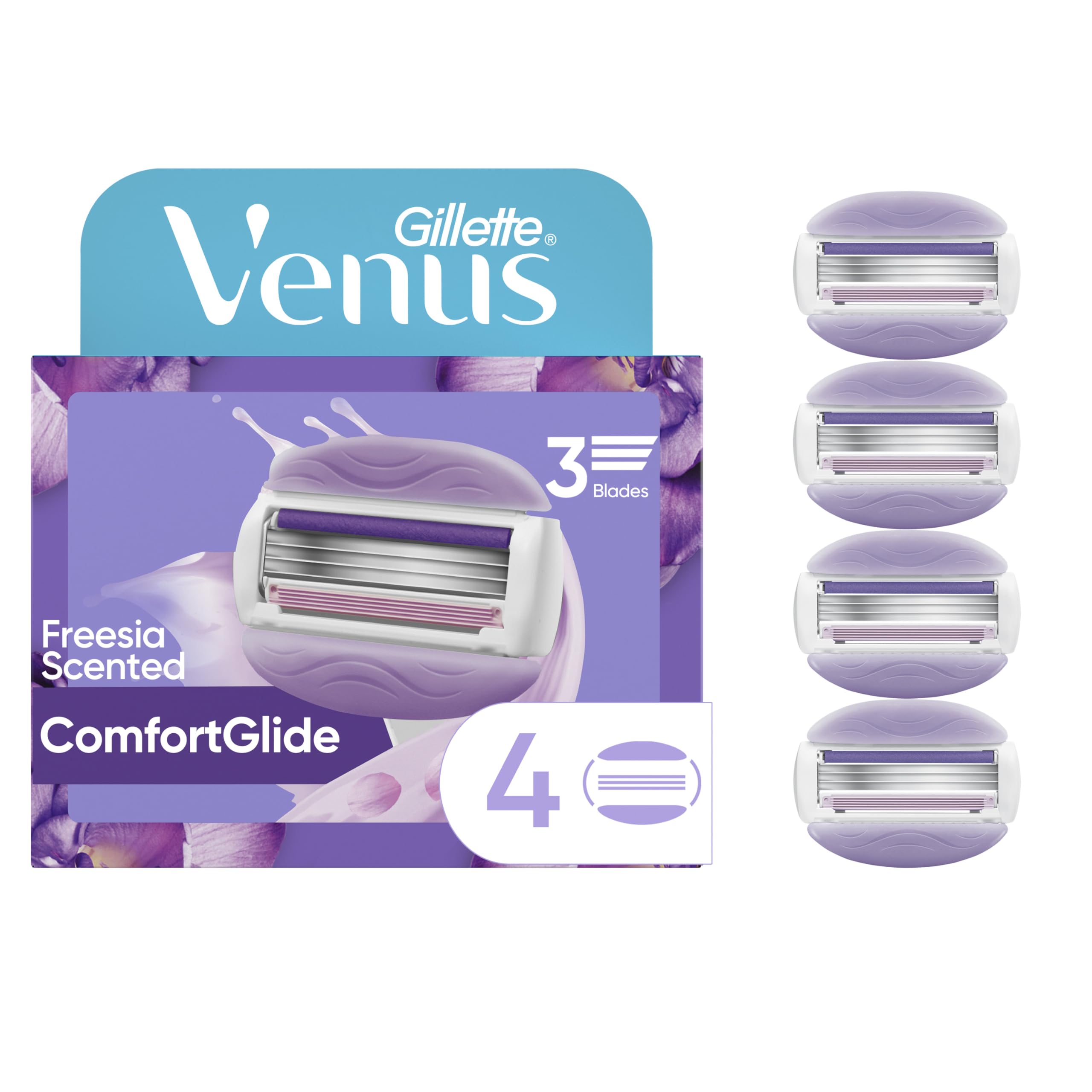 Gillette Venus ComfortGlide Freesia refill close-up showing built-in gel bars for a smooth shave.