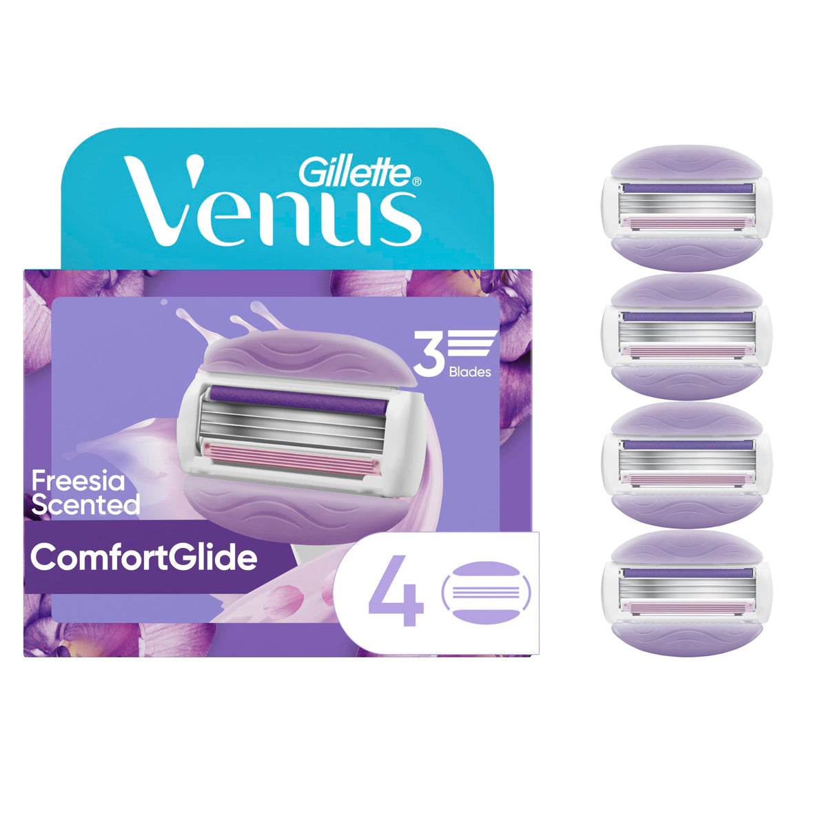 Gillette Venus ComfortGlide Freesia refill close-up showing built-in gel bars for a smooth shave.